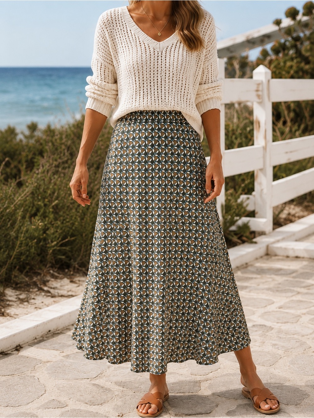 Max Studio Olive Geometric Midi Skirt